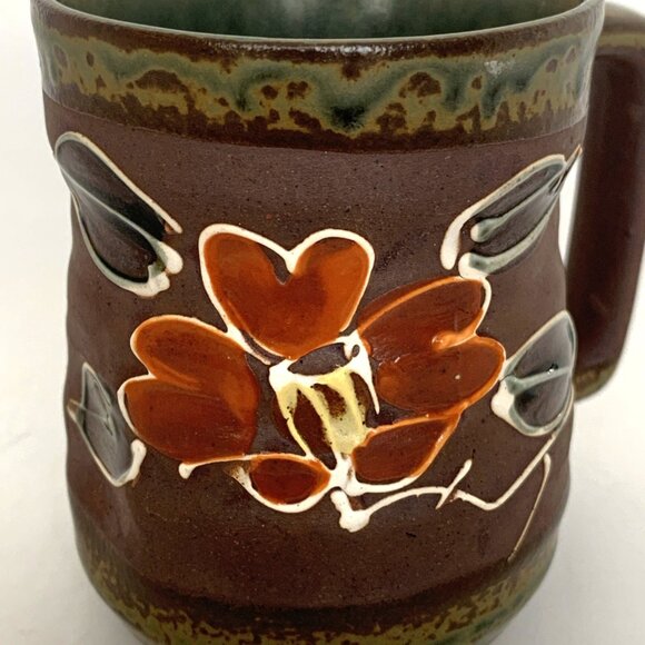 Vintage Japanese Pottery Stoneware Coffee Mug Brown Red Flower 4" Hand Made - Picture 2 of 8